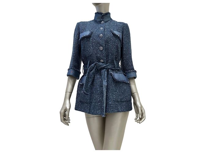 Timeless Chanel Spring 2012 Blue Tweed & Denim Belted Jacket FR 38 Pre-owned