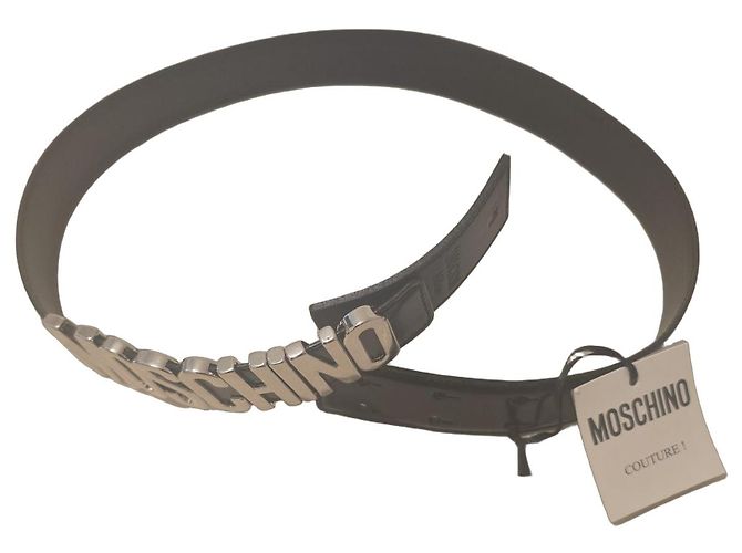 Moschino black leather belt with silver logo