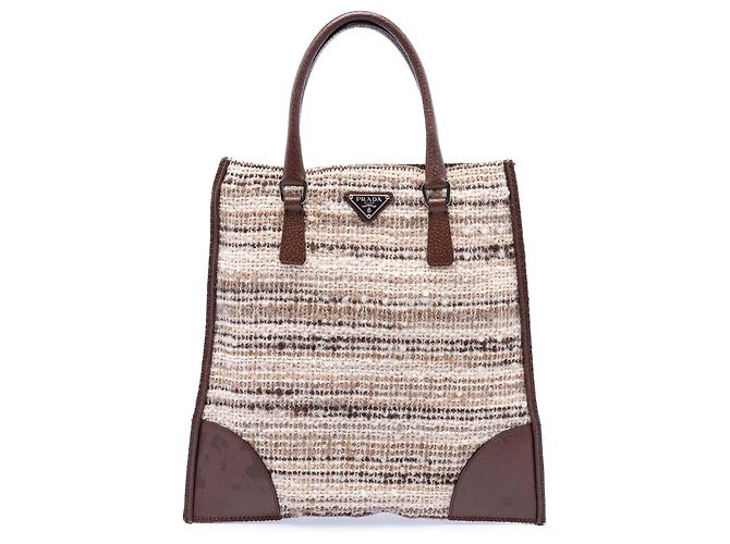 Tote plana em tweed com acabamento em Vitello Prada bege