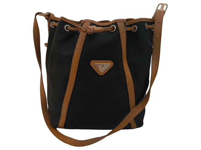 Yves Saint Laurent Sac seau en toile noire et cuir marron 