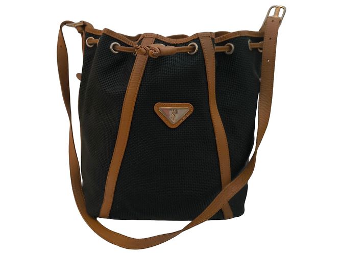 Yves Saint Laurent Borsa a secchiello in tela nera e pelle marrone Nero 