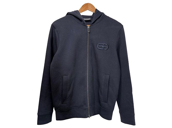 Emporio Armani Double Jersey Hoodie mit geprägtem EA-Logo Blau Marineblau