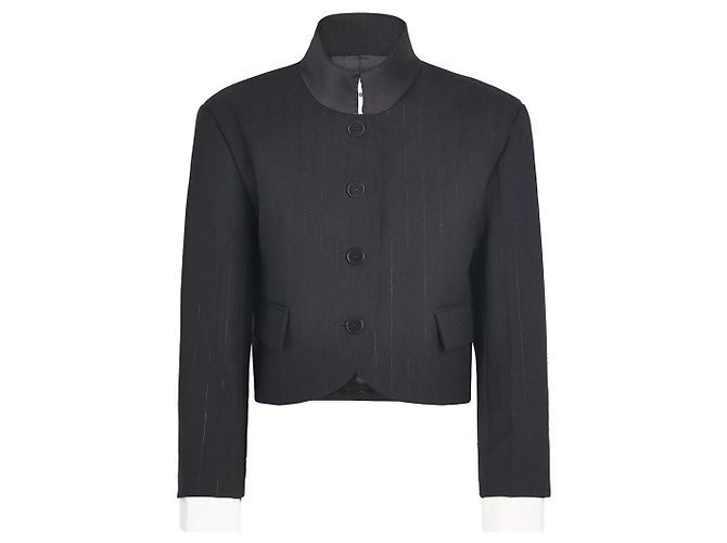 Sandro Black Pinstripe Cropped Jacket with Satin Collar