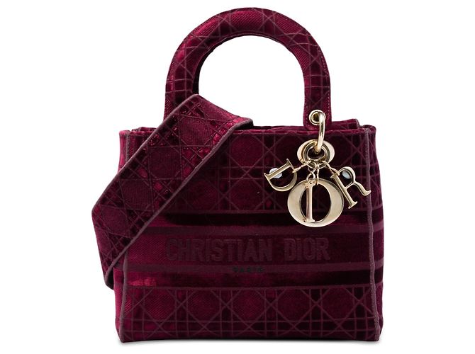 Dior Red Medium Embroidered Velvet Cannage Lady D Lite Rouge Bordeaux