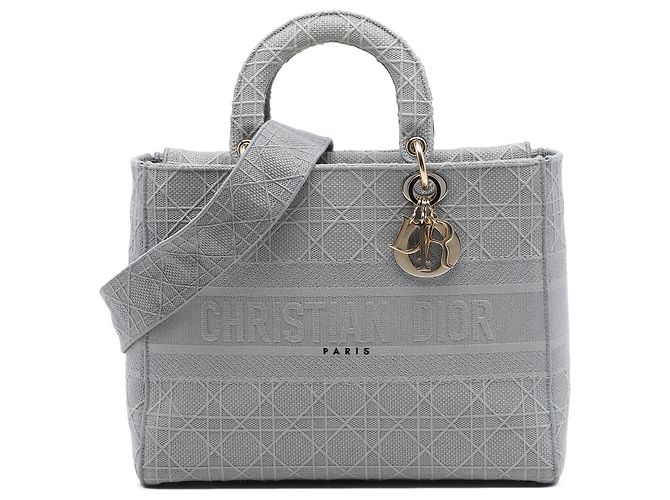 Dior Gray Large Embroidered Canvas Cannage Lady D Lite Marrone