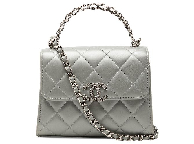 Chanel Mini CC Metallic Lambskin Top Handle Clutch com corrente, prata