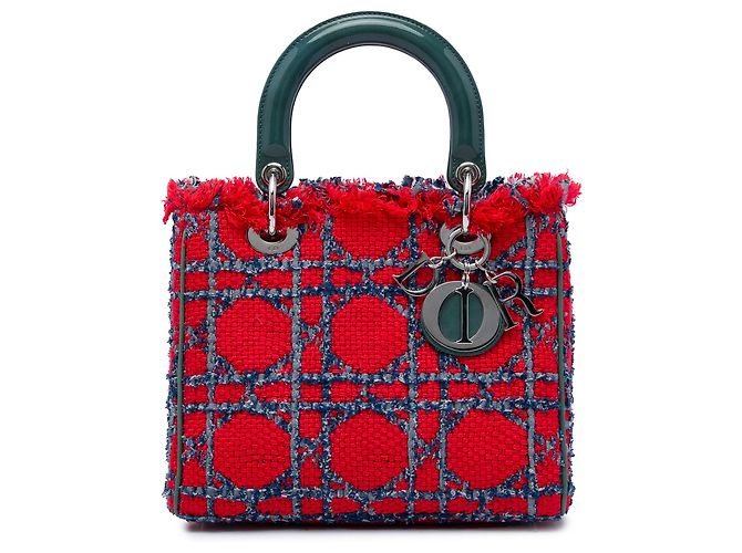 Dior Red Medium Tweed Cannage Fringe Lady Dior Rouge