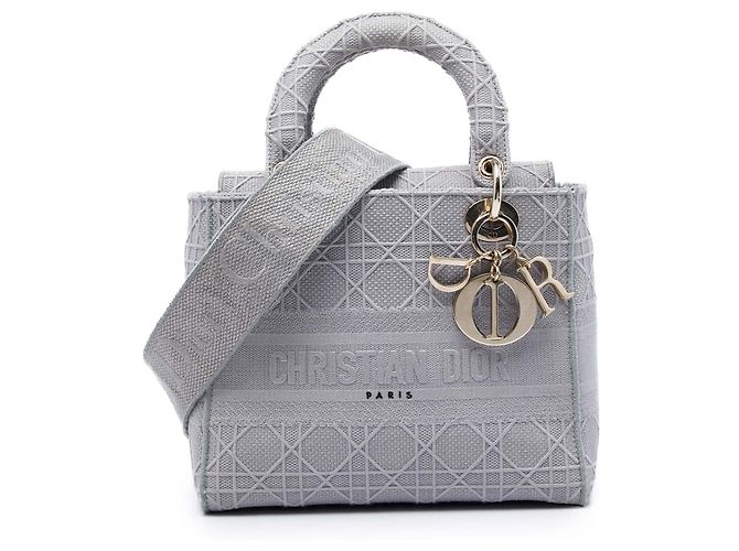 Dior Gray Medium Embroidered Canvas Cannage Lady D Lite Marrone Grigio