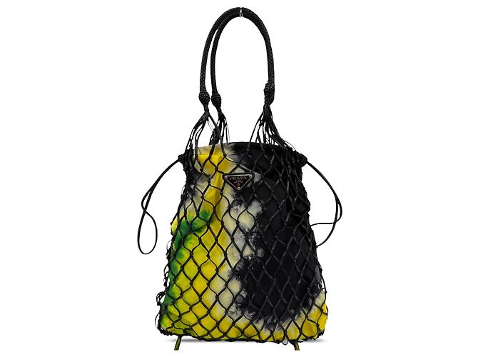 Bolsa Bucket Prada em couro mesh preto e tecido estampado tie-dye
