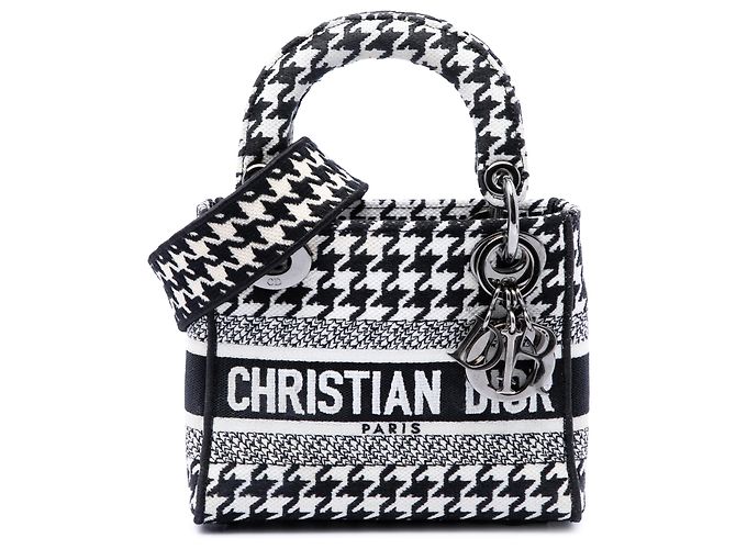 Dior White Mini Embroidered Canvas Houndstooth Lady D Lite Blanc