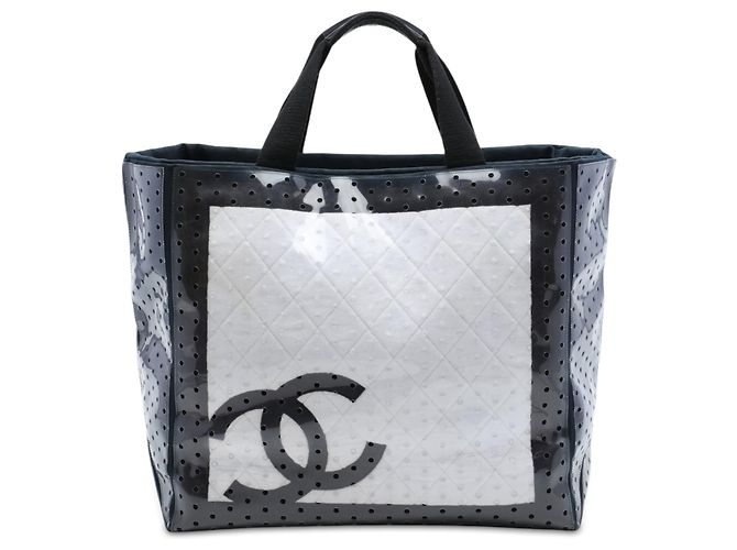 Bolso Tote Chanel White CC Quilted de algodón y PVC perforado
