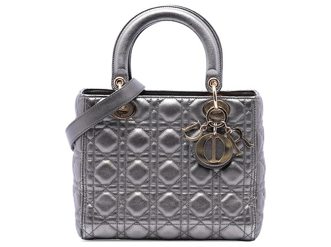 Dior Silver Medium Metallic Lambskin Cannage Lady Dior Argenté
