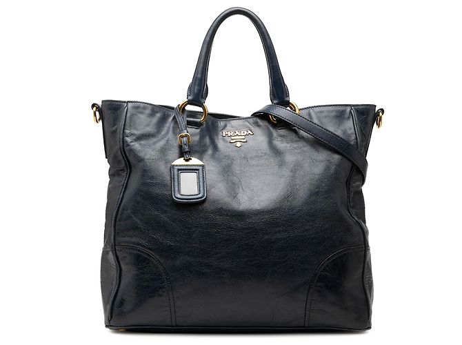 Prada Blue Vitello Shine Open Convertible Tote Azul Azul marinho