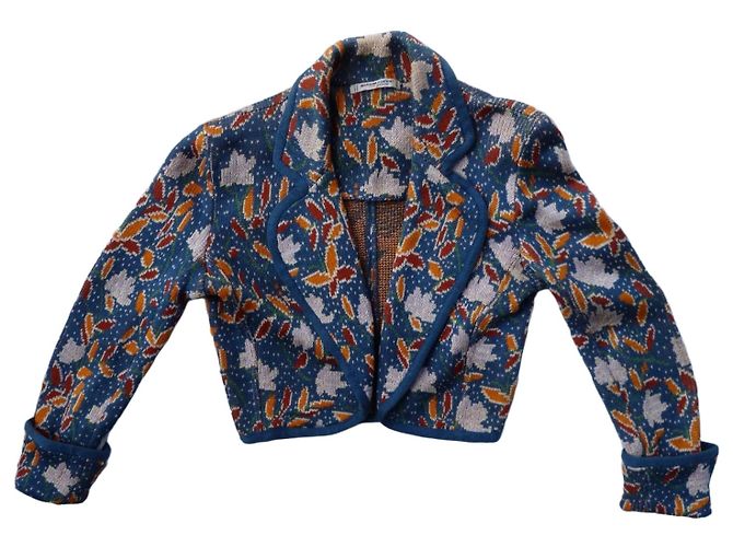 Saint Laurent Rive Gauche printed knit cropped jacket White Blue Multiple colors