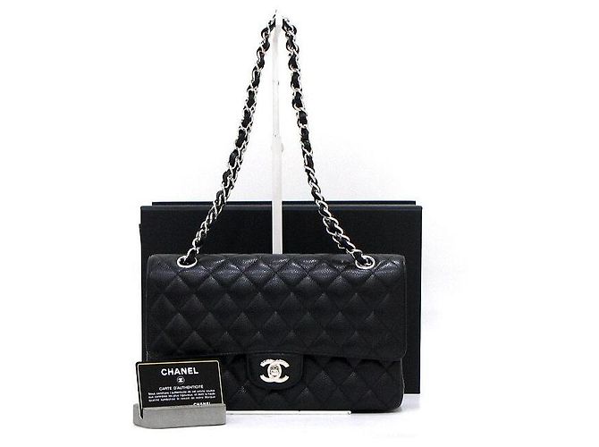 Chanel Black Caviar Classic Medium Silver Chain Shoulder Bag