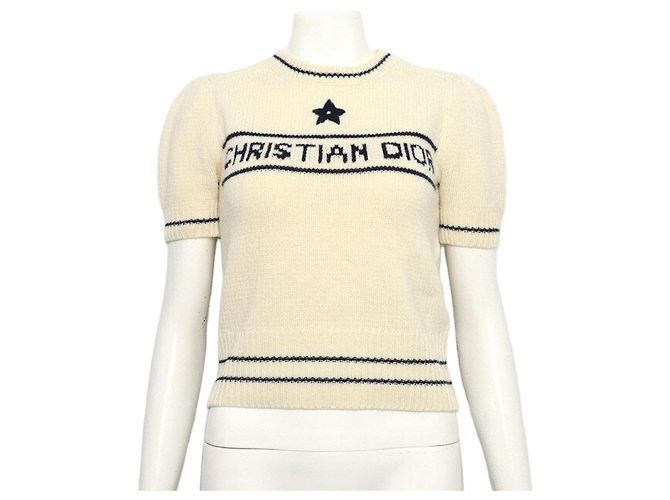 Dior Pull à manches courtes en mélange laine et cachemire écru Blanc