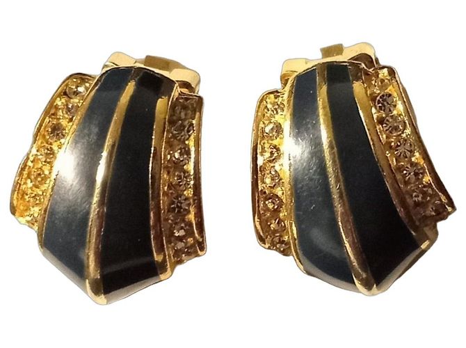 Christian Dior Brincos de pressão em ouro e esmalte Preto Dourado