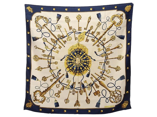 Hermès Lenço de seda Hermes Carre 90 Les Cles Branco Amarelo Azul marinho