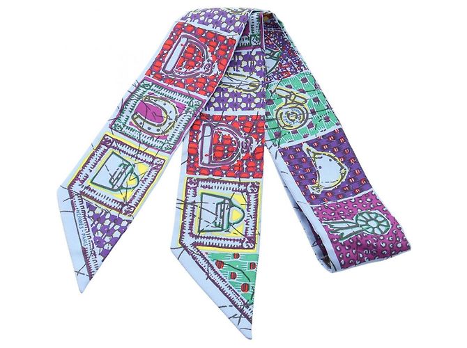 Hermès Hermes Twilly Le Boubou H Ribbon Scarf Muffler Blu Multicolore