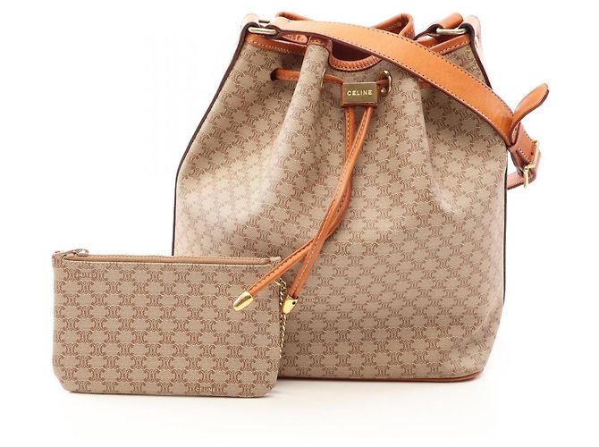 Céline Celine Macadam Schultertasche mit Kordelzug Braun Beige