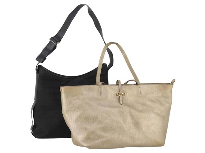 Borsa a Tracolla Salvatore Ferragamo Nylon Pelle Set da 2 Nero Oro Auth bs36053 D'oro