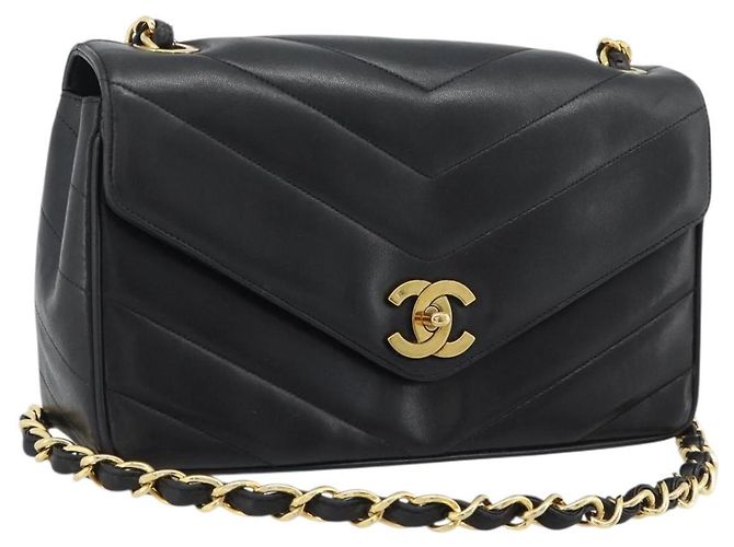 Borsa a tracolla con catena CHANEL V stitch in pelle d'agnello nera e oro CC Auth 195911V Nero D'oro
