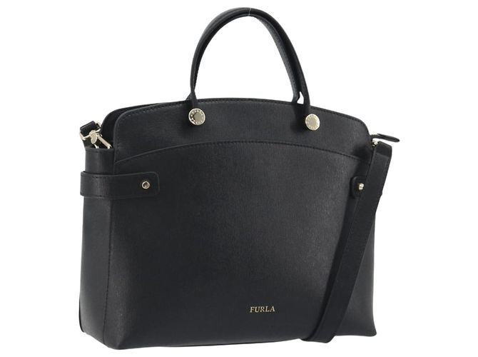 FURLA Handtasche Leder 2way Schwarz Goldfarben Auth 196110A