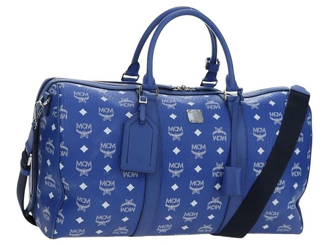 Bolsa MCM Logogram Vicetos Mini Boston Bag Leather 2way Blue Silver Auth 193751V Prata Azul