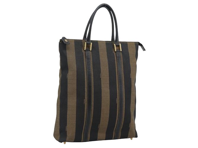 Pequin FENDI Pecan Canvas Handtasche Schwarz Braun Auth 196062A
