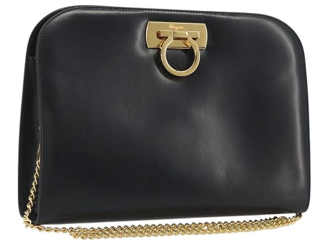 Borsa a tracolla Salvatore Ferragamo Gancini Chain in pelle nera e oro Auth 195422 Nero