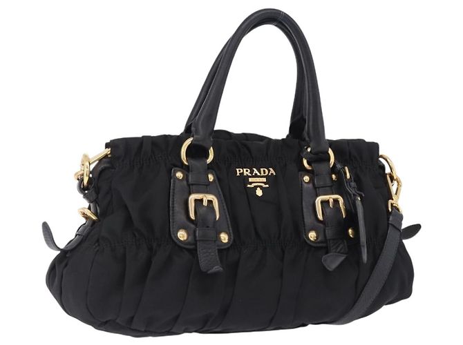 Borsa a Mano PRADA Nylon 2way Nero Oro Auth 196783V D'oro
