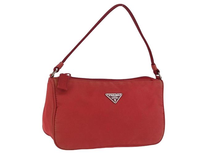 PRADA Accessory Pouch Nylon Red Silver Auth 195521A Silvery