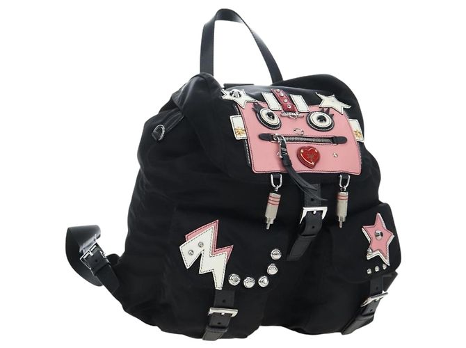 PRADA robot Backpack Nylon Black Silver Auth 195301V Silvery