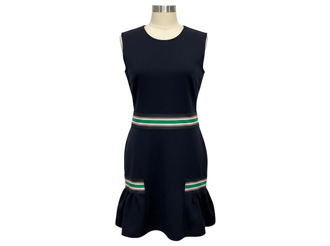 Vestido Christopher Kane em malha elástica azul marinho com bainha peplum e elástico com risca verde