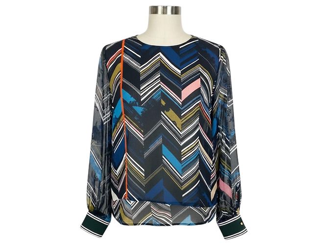 Blusa de seda con estampado chevron negro / azul multi de Preen by Thornton Bregazzi Multicolor