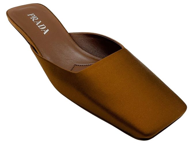 Prada Brown Satin Square Toe Mules with Logo Heel