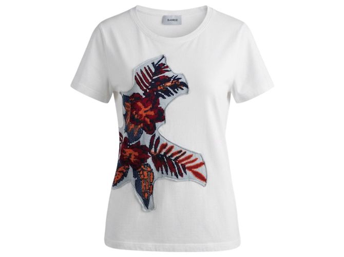 Top de algodón de manga corta Barrie White Multi Knit Patchwork Applique Blanco