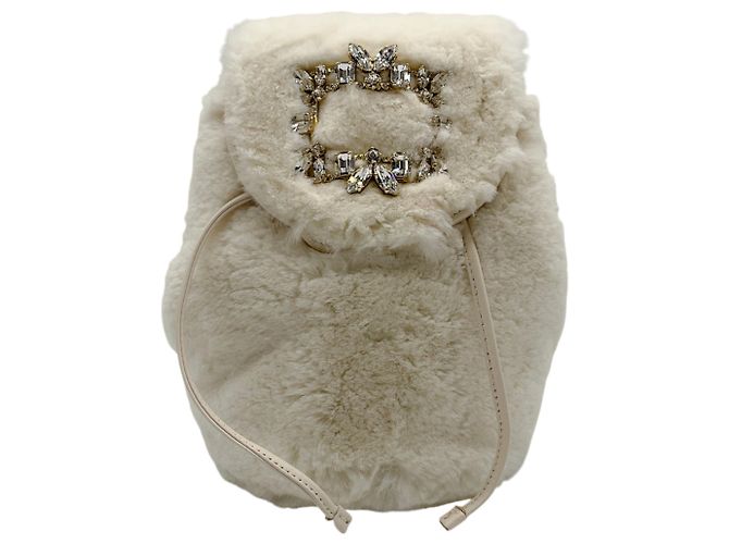 Roger Vivier Ivory Beaver Backpack with Crystal Embellishment Beige