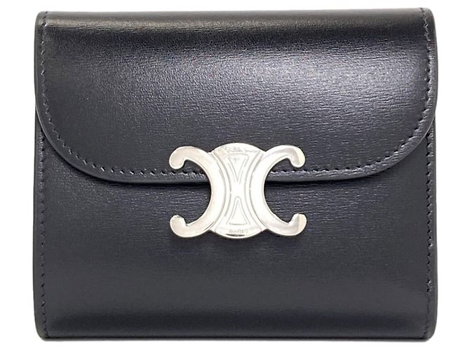 Céline Celine Small Flap Wallet Triomphe Tri-fold Leather Black