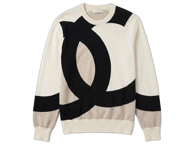 Chanel CC Logo Strickpullover aus Wolle Schwarz Weiß Beige