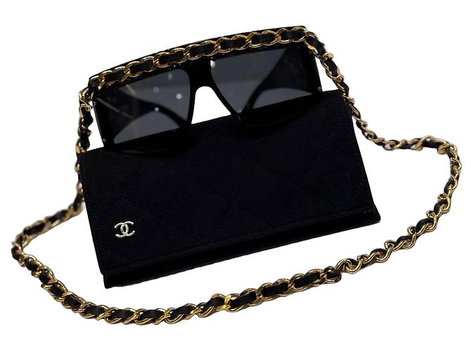 Chanel Rectangular Sunglasses with Gold Chain - Black