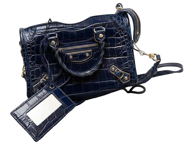 Sac Balenciaga Neo Classic City Mini en cuir bleu effet crocodile 