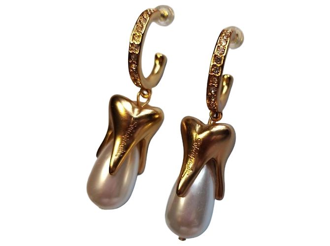 Schiaparelli Pendientes de perla y motivo de diente Blanco Dorado