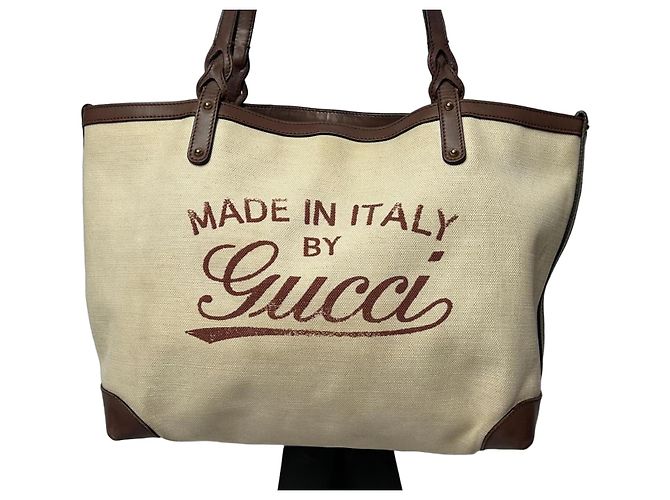 Gucci Bolsa Tote de Lona e Couro Marrom Bege