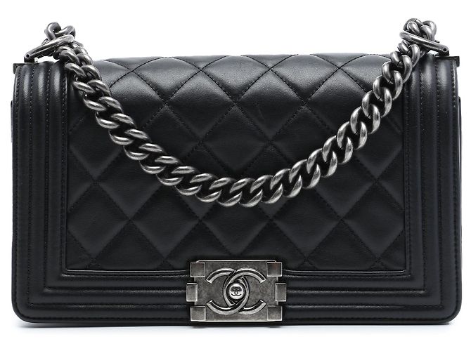 Borsa a tracolla Chanel Boy Flap in pelle d'agnello matelassé, nera, dimensione Old Medium Nero