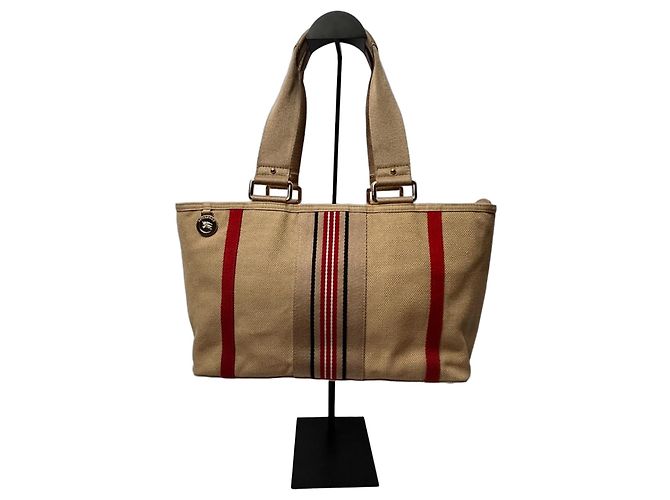 Bolsa Burberry de Lona e Couro com Listras Preto Branco Vermelho Bege
