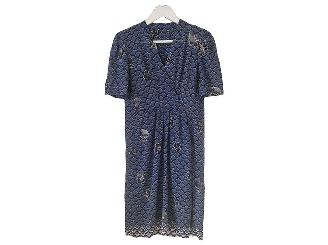 Vestido midi con estampado floral azul Lanvin Paris Blanco Azul marino