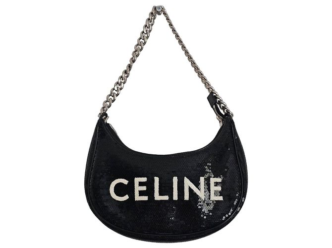 Céline Borsa CELINE Ava Chain in pelle nera glitterata Nero Bianco