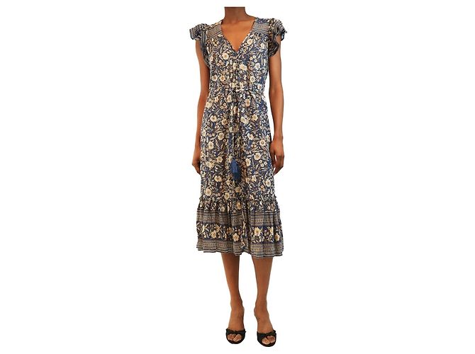 Veronica Beard Blaues ärmelloses Blumen-Midikleid - Größe S