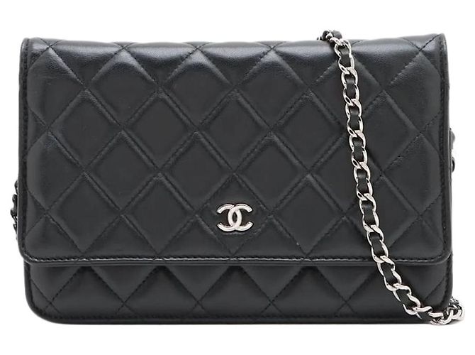 Wallet On Chain Chanel Carteira com corrente em pele de cordeiro acolchoada preta 2020 Preto